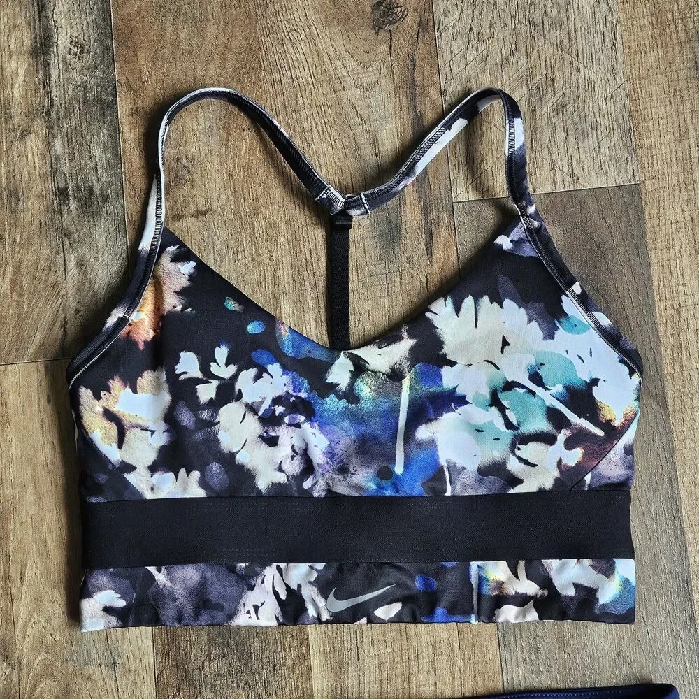 Nike Dri-Fit Set Floral Indy Sports Bra Dark Blue Running Crop Leggings Small